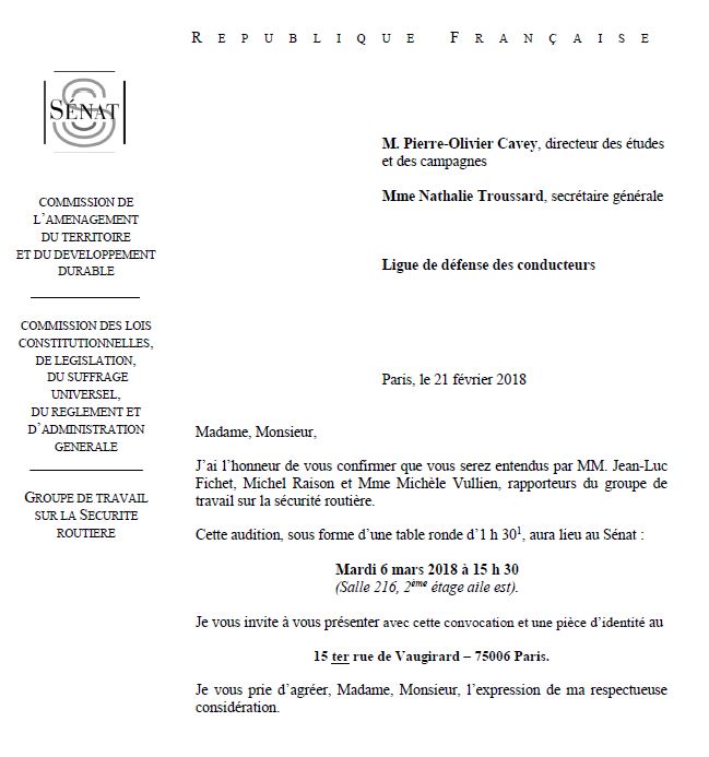 Contribution de la Ligue de Défense des Conducteurs au Sénat dans le cadre du groupe de travail sur le 80 km/h